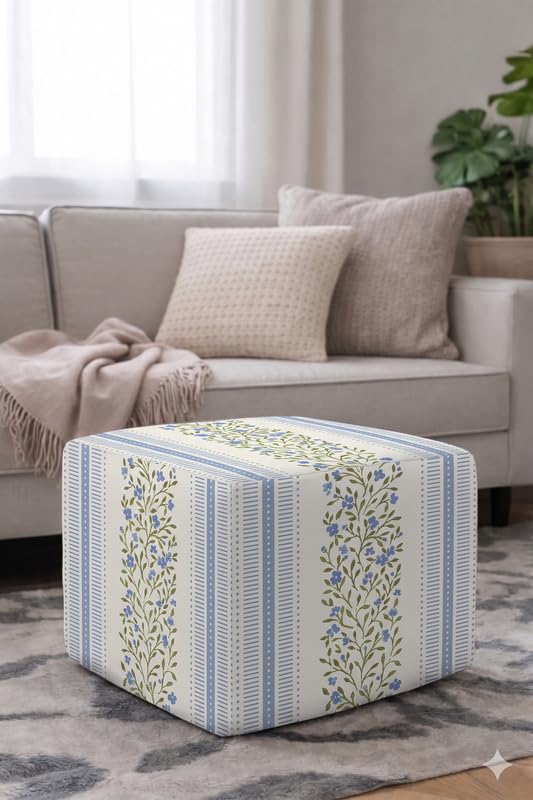 Pouffe Cover for 18x39x18 Inch Top Blue Blossam Full Coverage, Boho Bohemian Scandinavian Slipcover, Square Footstool Floor Cushion Pouf Cover, Machine Washable, THROWPILLOW-image-4