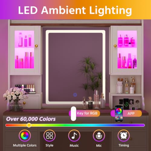 Image of Makeup Vanity Desk with Lighted Mirror and RGB Cabinets, Farmhouse Vanity Desk with Charging Station, Large Vanity Table with 6 Drawers, Vanity Mirror with Lights Desk with Storage Shelves for Girls