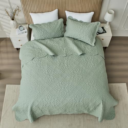 Image of Oversized California King Bedspreads 120x120 for Extra Tall Split Cal King Bed Lightweight Quilted Coverlet Set 3 Pieces 1 Quilt 2 Pillow Shams Sage