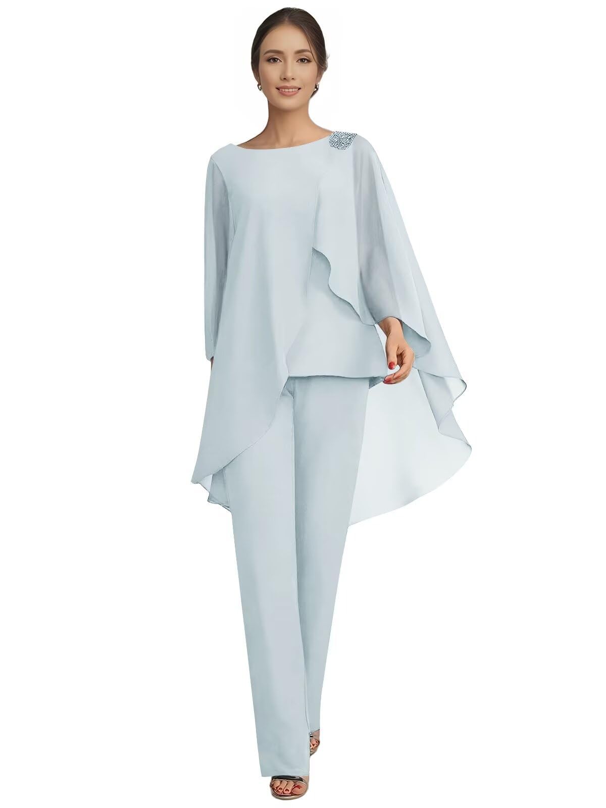 2 Pcs Mother of The Bride Pant Suits for Women Dressy - Chiffon Long Cape Sleeve Beaded Sequin