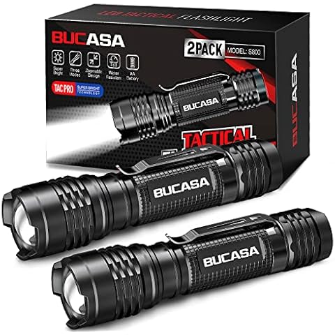 BUCASA Small LED Flashlights 2 Pack, S800 Bright Tactical Flashlight with Metal Clip, Zoomable, 3 Modes, Water Resistant Mini Flash Light for Kids Indoor Outdoor Hiking Camping & Emergency Cover