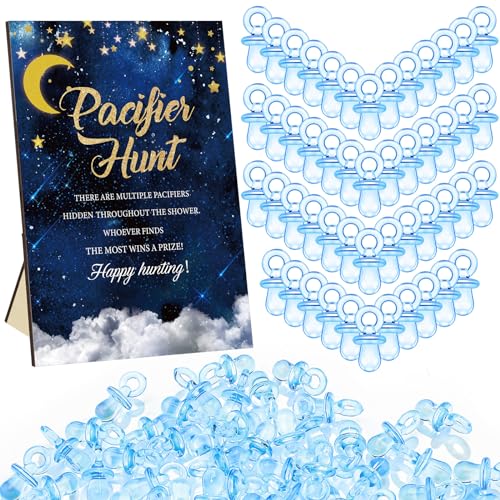 Image of Thyle 51 Pcs Over The Moon Pacifier Hunt Baby Shower Games Include Navy Blue Starry Night Hunt Sign and Acrylic Pacifiers Moon Theme Baby Shower Game Decoration Gift Sets for Gender Reveal Party Decor