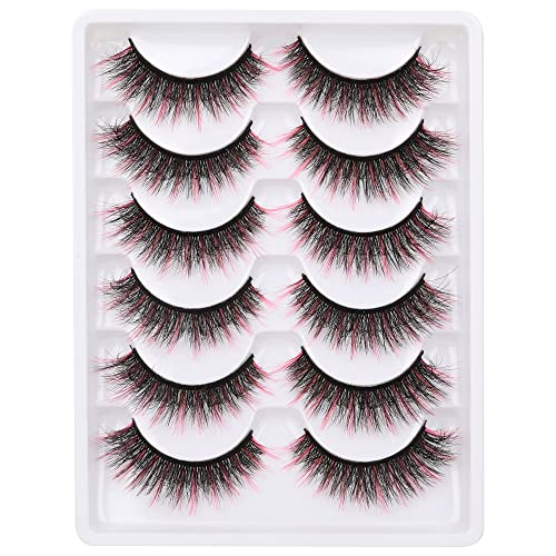 Lashes Colored Fluffy Natural Eyelashes Wispy Mink False Eyelashes Cat Eye Lash with Pink 6 Pairs by Yawamica