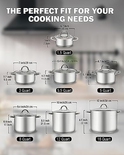 Cook N Home Sauce Pot Stainless Steel Stockpot With Glass Lid, Basic Saucier Casserole Pan Set, 6-Piece #TOP1