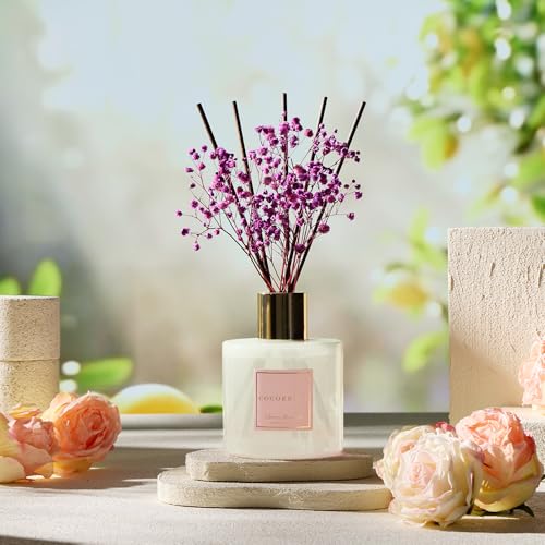 Image of COCORRINA Reed Diffuser - Cherry Blossom 17 Fl.oz Reed Diffuser with 8 Sticks Scented Diffuser with Preserved Flowers for Bathroom Home Decor