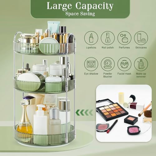 Image of JD FRESH 3 Tier Makeup Organizer 360 Rotating Cosmetic Storage Box Vanity Organizer Stand with Drawers for Lipstick Nail Polish Skincare Dressing Table Bathroom Organizer (Light Green)