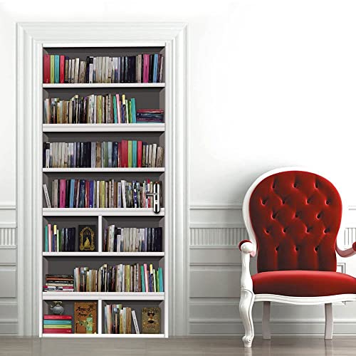 ZJFHNB Sticker Porte Poster Trompe l'oeil bibliothèque de couleur Décoration Murale Autoadhésif Imperméable PVC pour Cuisine, Salon, Chambre, Salle de Bain 95 x 215cm