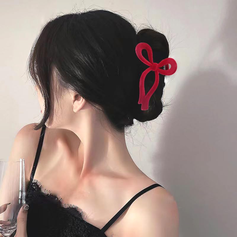 Velvet Hair Claw Clips for Women - Large Non-slip Clips for Thick and Thin Hair - Red Autumn Winter Style - Image 2