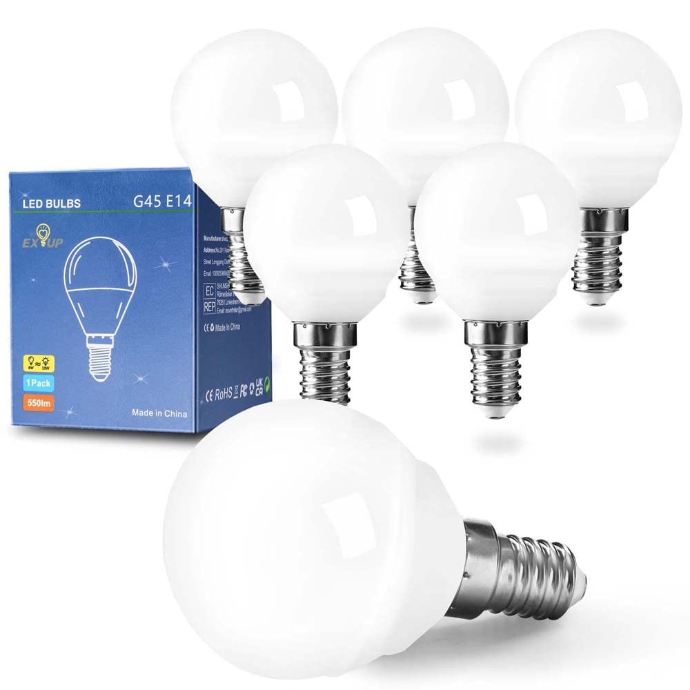 EX UP E14 LED Light Bulb, 6 W Replacement for 50 W Halogen Lamps, Teardrop Shape G45 Bulb, E14 Chandelier, 3000K 550 Lumen LED Bulb for Living Room, Bedroom, Pack of 6 (Warm White)