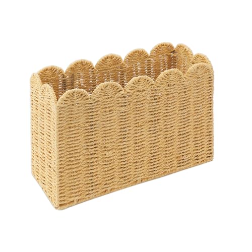 Scalloped Edge Magazine Holder Basket, Khaki Paper Rope Floor Magazine Rack, Woven Magazine File Holder Organizer for Mail, Newspapers & Books, Standing Narrow Storage for Home Office