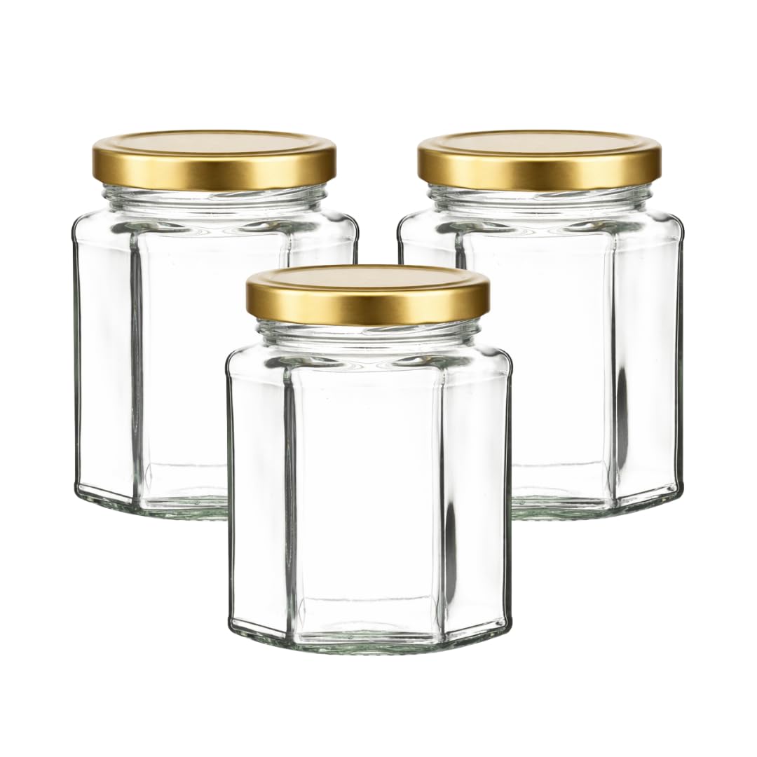 280ml Hexagonal Glass Jars with Twist-Off Lids (Pack of 6, Gold) | Honey, Jam & Chutney Storage | J&B