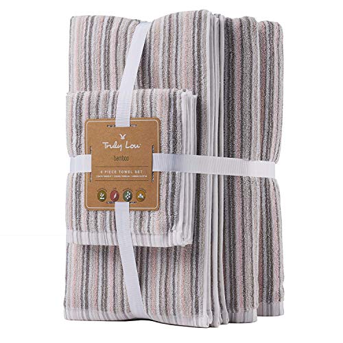 Truly Lou Bamboo and Cotton 6 Piece Striped Bath Towel Set | Soft, Absorbent and Eco-Friendly | Decorative Multi Color Stripes | 2 Bath Towels, 2 Hand Towels, and 2 Washcloths (Pink/Grey)