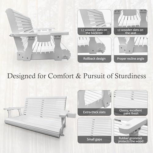 Image of Wooden Porch Swing 2-Seater, Bench Swing with Cupholders, Hanging Chains and 7mm Springs, Heavy Duty 800 LBS, for Outdoor Patio Garden, Pure White, 4 FT Extra Large