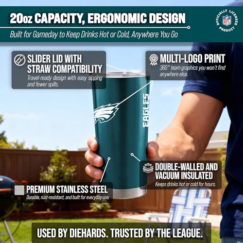 Image of Philadelphia Eagles NFL 20oz Stainless Steel Insulated Tumbler, Slider Lid | Officially licensed Eagles drinkware; double-wall vacuum construction; cupholder compatible; BPA-free; hand wash only