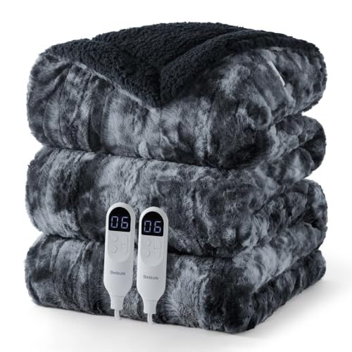 Image of Bedsure Faux Fur Tie-Dye Heated Blanket King Size with Dual Control, Black