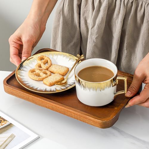 Ceramiczny zestaw filiżanek do kawy, 6-częściowy kubek do układania w stos ze spodkami do espresso lub herbaty, elegancki wystrój kuchni domowej, 250 ml ze złotą krawędzią