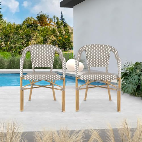 Image of PURPLE LEAF Outdoor French Bistro Arm Chairs Set of 4, Bamboo Finish, Gray