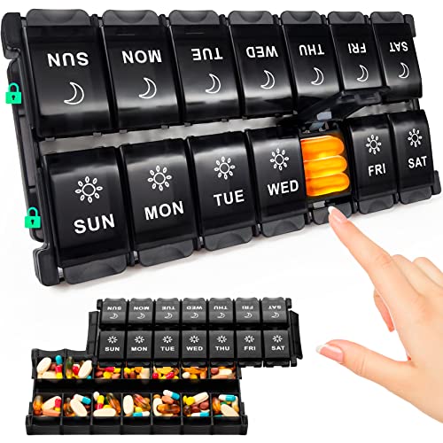 Mossime Large Pill Organiser 2 Times a Day, Push Botton 7 Day Pill Box, Weekly Day Night Vitamin Organiser, Am Pm Medicine Organiser, Big Pill Container, Pill Case for Vitamin, Fish Oils, Supplement