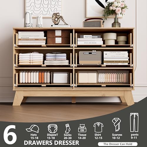 Image of 6 Drawer Dresser for Bedroom, Fluted Dressers Chest of Drawers with Gold Handle, Mid Century Modern Dresser for Closet, Wood Closet Storage Organizer Furniture for Bedroom, Living Room, Natural