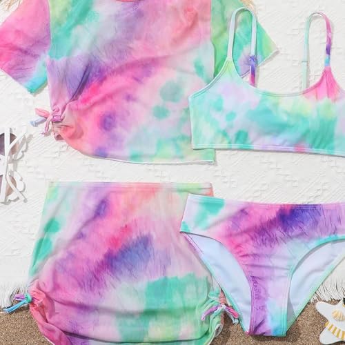 Girls 4 Piece Tie-Dye Tankini Sets Swimwear Bikini & Sun 𝐏rotection Cover Up Crop Top & Ruffle Skirt Swimsuit2