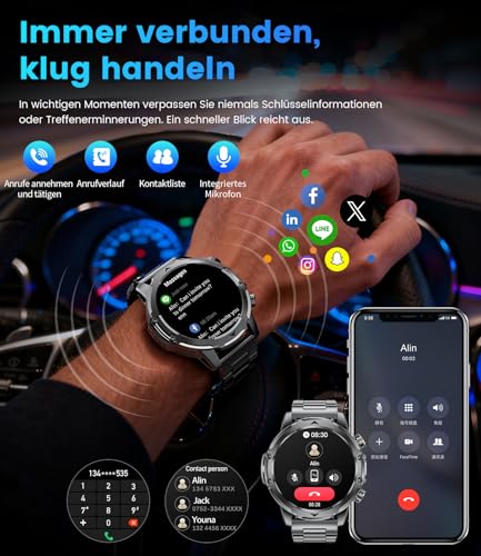 Smartwatch Herren mit 1000mAh Akku für Android iOS, 1,53" HD Großes Touchscreen Militär Smart Watch mit 24H Herzfrequenz/110 Sportmodi… – Ansicht 5