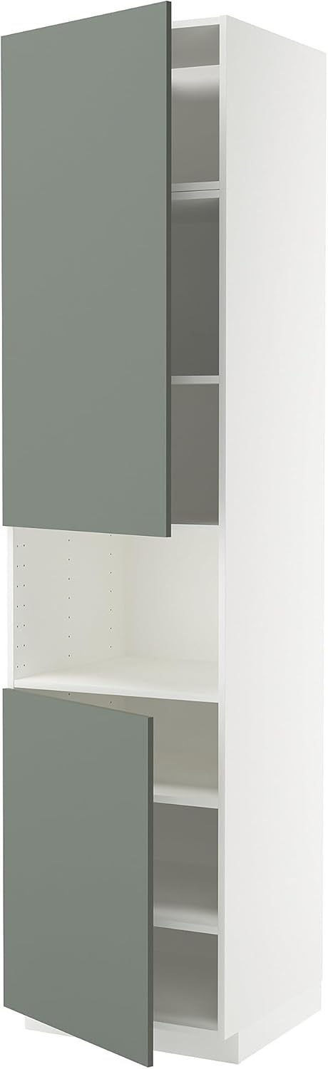 METOD High cab f micro w 2 doors/shelves, white/Nickebo matt grey-green, 60x60x240 cm