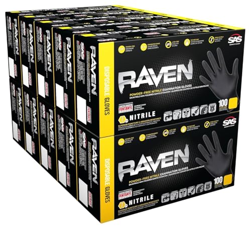 Raven SAS Safety 66518 6 mil Black Nitrile Disposable Gloves 7 Mil - Large - 10 Pack(10 boxes of 100 each)