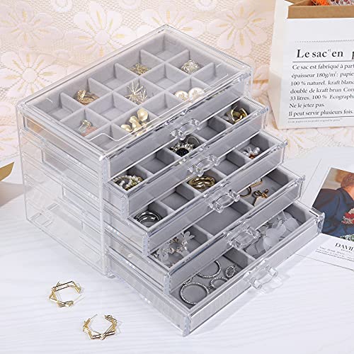 Misaya Earring Jewelry Organizer With 5 Drawers, Birthday And Mother's Day Gift, Clear Acrylic Jewelry Box For Women, Velvet Earring Display Holder For Earrings Ring Bracelet Necklace, Gray #TOP6