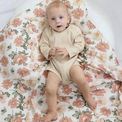 Image of insular Muslin Swaddle Blankets for Boys Girls, 2 Pack Receiving Baby Blanket Large 47 x 47 inches, Soft Breathable Swaddling Wrap for Unisex Newborn, Floral&Rainbow