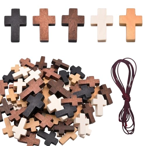 Bolsdoic 80 PCS Mini Wooden Cross 5 Colors2 Leather CordsChristian Gift Bulk Natural Cross Pendants for Church Praying Easter Eggs Fillers Crafts for DIY Handmade Decorative