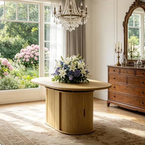 Image of 47in-118 in Extendable Dining Table for 4-12, Oval Expandable Kitchen Table | 5 Adjustable Lengths, Large Extra-Long Design, Natural Wood Grain Finish, Dual Hidden Storage Pedestal, Fluted Sliding Doors