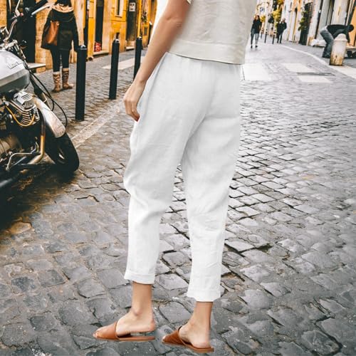 Womens Cotton Linen Capris Pants Plus Size Wide Leg Trousers with Pockets Casual Summer Beach Lounge Pants3