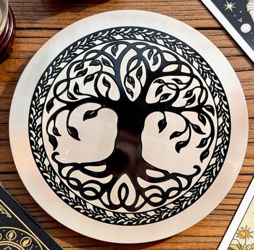 Selenite Crystal Charging Plate Engraved Tree of Life Healing Stones Coaster Round Disc for Home Office Table Decor Crystals and Healing Stones