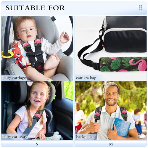 Image of Hot Pink Flamingos and Green Tropical Leaves Seat Belt Cover Pad 2 Pcs Soft Cute Seatbelt Covers Protector Support Head Neck Shoulder Strap for Car Seats High Chair Backpack for Adults Kids Wom