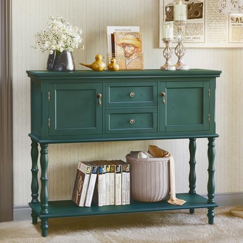 MROJISC Tavolo consolle con cassetti e armadietto, in legno verde, sottile con cassetto, consolle per soggiorno, ingresso, corridoio, camera da letto