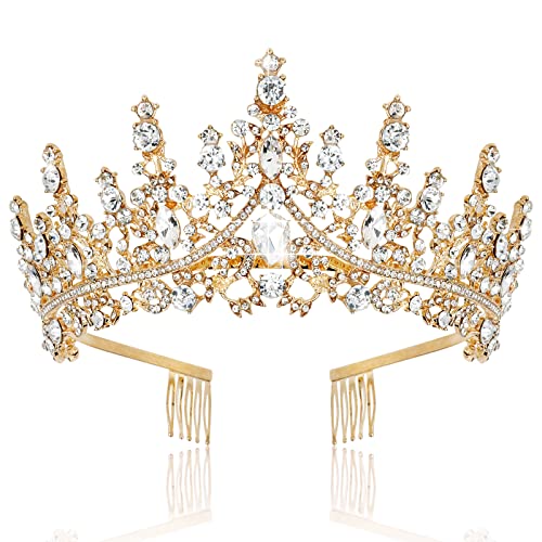 TOBATOBA Gold Crown for Women Gold Tiara Birthday Queen Crown Wedding Tiara for Women Crystal Tiaras and Crowns Royal Princess Quinceanera Headpieces for Prom Pageant Bride Halloween Cosplay