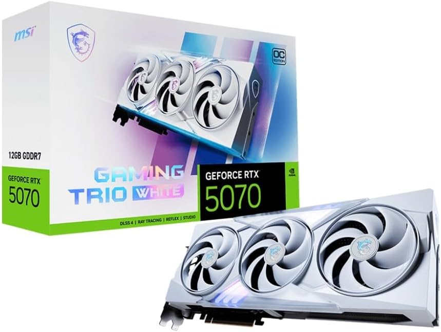 MSI GeForce RTX 5070 12G GAMING TRIO OC WHITE Graphics Card - RTX 5070 GPU, 12GB GDDR7 (28Gbps/192-bit), PCIe 5.0 - TRI FROZR 4 (3 x STORMFORCE FAN) - RGB - HDMI 2.1b, DisplayPort 2.1b