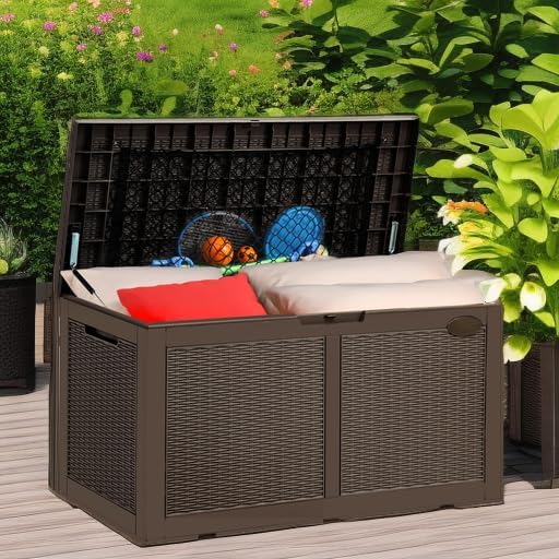 Miniatura 5 de YITAHOME 100 Gallon Large Deck Box wStorage Net, Resin Outdoor Storage Boxes, Waterproof Patio Cushion Storage Bench for Patio Furniture, Pool