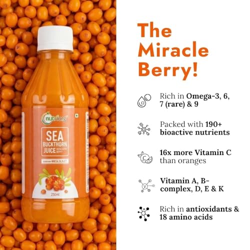 Image of Nutriorg Pure Sea Buckthorn Juice Concentrate Pulp 250 mL | Cold Pressed | 100% Himalayan Berry Pulp | Omega 3,6,7,9 & Vitamin C | Best for Immunity & Antioxidant Rich | Makes 50 Glasses | No Added Sugar & Colour