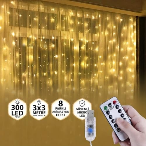3x3 Metre Peri Led Perde Asma Kumandalı Kancalı Gün Işığı Işık 8 Fonksiyonlu 8 Mod Parti Işığı Dekoratif Yılbaşı Peri Led Saçak Işık Dekorasyon