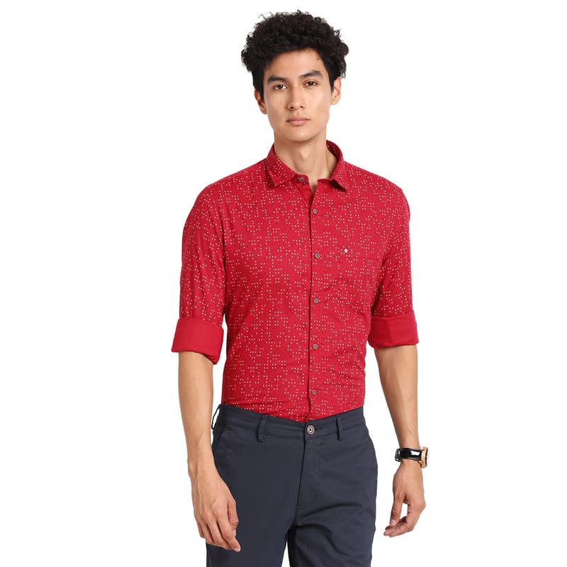 Image of Turtle Men 100% Cotton Red Printed Slim Fit Full Sleeve Casual Shirt