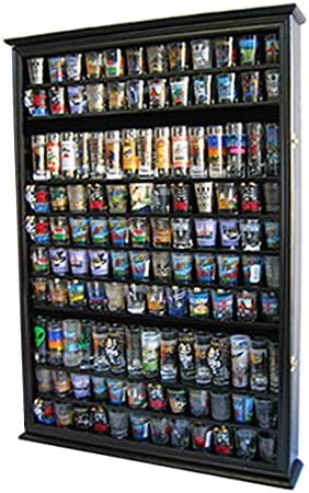 Large 144 Shot Glass Display Case Rack Solid Wood Cabinet Holder Wall Curio Cabinet Shadow Box for Action Figures Small Figurines - Lockable with UV Protection Acrylic Glass Door - Black Finish