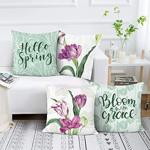 Bonhause Tulip Floral Cushion Covers 45 x 45 cm Spring Flower Decorative Throw Pillow Covers Soft Velvet Pillowcases for Sofa Couch Patio Garden Decor Set of 4