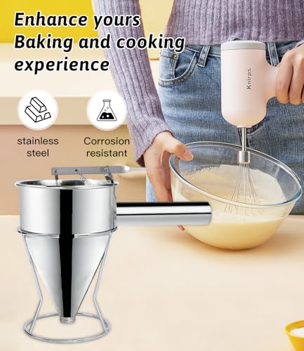 Foto von Zaxiva Teigportionierer, 1200ml Edelstahl Pfannkuchen Teigspender, Multi-Kaliber Küchen Backtrichter, Portionierer Teig mit Ständer und 4 Verschiedenen Düsen für Pfannkuchen Desserts