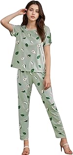 FlyNery Avocado Printed Satin Night Suit for Women, Pyjama Set Night Suit Loungewear Ladies Night Dress Comfortable &amp; Styl...