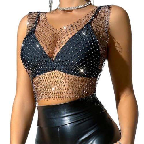 KEWUF Brillante Rhinestone Malla Cuerpo Cadena Tops, para Mujeres Brillante Bikini Crop Top para Discoteca Fiesta Festival, ropa verano mujer para Mujeres y niñas - Negro, Cuello en V - S
