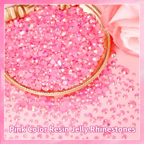Image of 16000Pcs Flatback Resin Jelly Pink Rhinestones for Crafting DIY Clothing | Pink Gems Jelly Rhinestones Mixed Sizes Bedazzling Crystal with Pickup Tool for Crafts Tumblers Mugs Shoes Fabric Nail Art