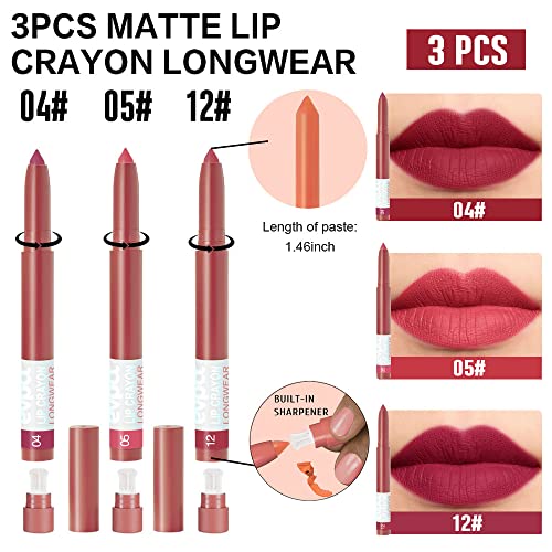 Evpct 3Pcs Wine Berry Red Warm Pink Plum Purple Matte Lipstick And Lip Crayon Stick Liner Pencil Set Sharpener Waterproof Long Lasting 24 Hour Lipstick Labiales Mate 24 Horas Originales 4&5&12 #TOP1