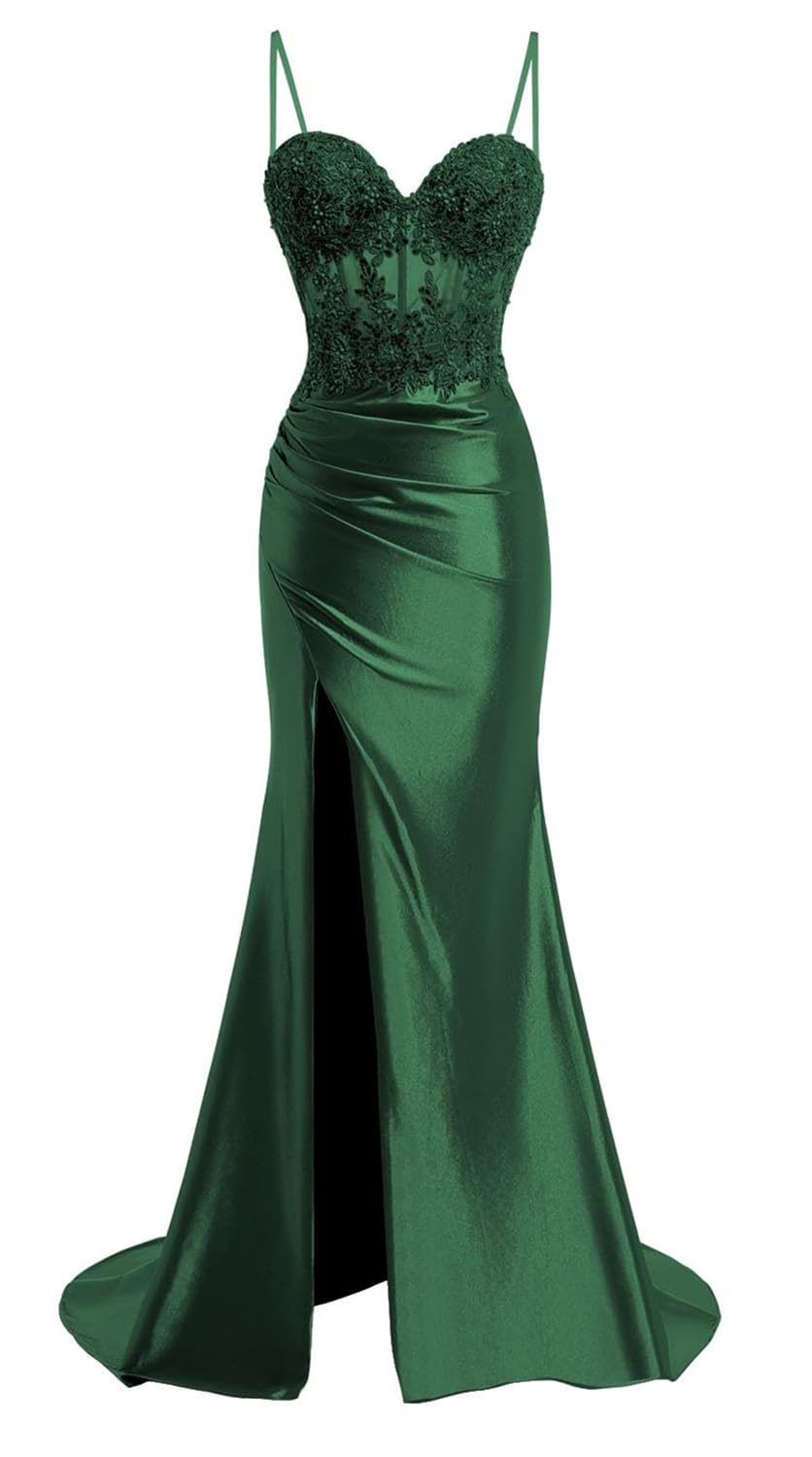 Yiann Women's Emerald Green Spaghetti Strap Satin Prom Dresses With Slit For Mermaid Formal Evening Gown Uk6