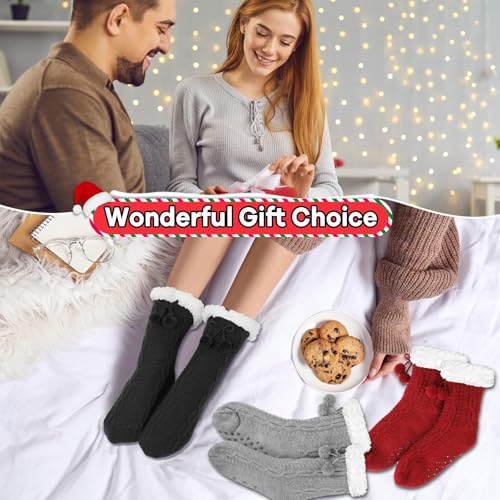 Image of Lonfliness 3Pairs Slipper Fuzzy Socks for Women Fluffy Cozy Cabin Socks Warm Soft Sock Cute Winter Sock With Grips Red Black Gray Fluffy Slipper Christmas Fuzzy for Women Teen Girls